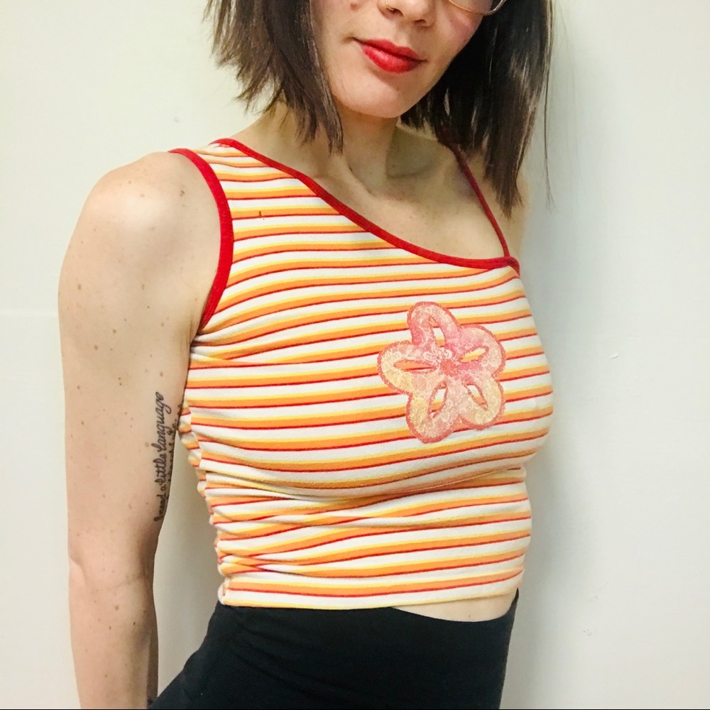 VINTAGE Y2K One Shoulder Striped Flower Tank Top.